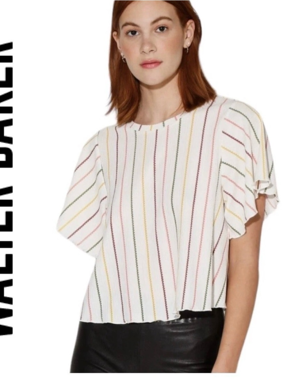 Walter Baker White Striped Flutter Sleeve Blouse